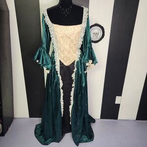 Vintage Emerald Green and Gold Maxi Dress with Lace Trim